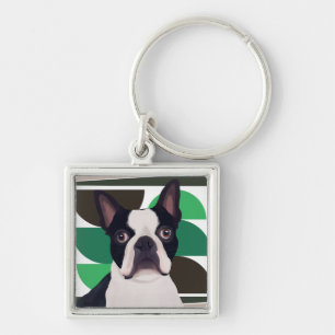 Boston Terrier Dog - Dunkle grüne Geometrie Schlüsselanhänger