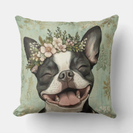 Boston Terrier Dog Green Floral Kissen
