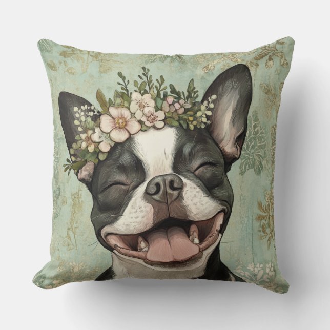 Boston Terrier Dog Green Floral Kissen (Vorderseite)