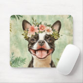 Boston Terrier Dog Green Floral Mousepad (Mit Mouse)