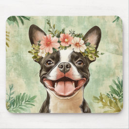 Boston Terrier Dog Green Floral Mousepad