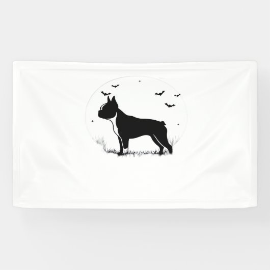 Boston Terrier Dog - Halloween Moon Silhouette Ove Banner (Horizontal)