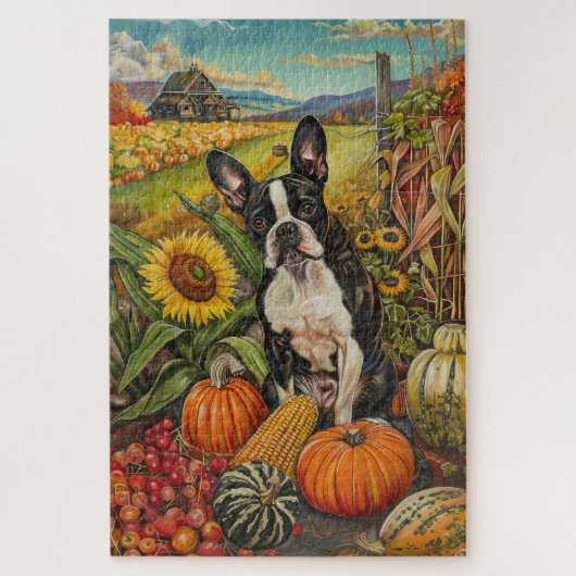 Boston Terrier Dog Herbsternte Erntedank Puzzle (Vertikal)