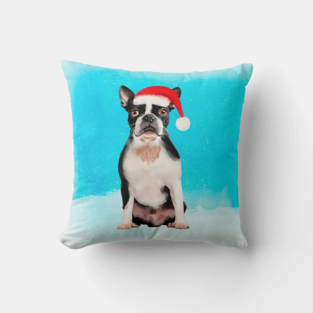 Boston Terrier Dog im Schnee Weihnachtsfeiertag Kissen (Vorderseite)
