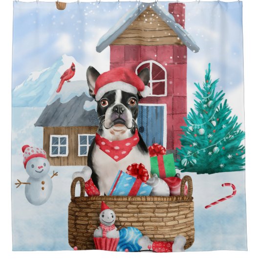 Boston Terrier Dog im Schnee Weihnachtshundehaus Duschvorhang (Vorderseite)