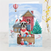 Boston Terrier Dog im Schnee Weihnachtshundehaus Karte (Gelbe Blume)