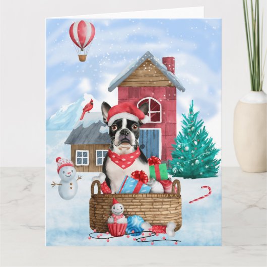 Boston Terrier Dog im Schnee Weihnachtshundehaus Karte (Vorderseite)