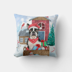 Boston Terrier Dog im Schnee Weihnachtshundehaus Kissen