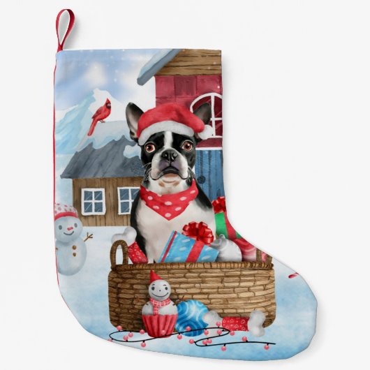 Boston Terrier Dog im Schnee Weihnachtshundehaus Kleiner Weihnachtsstrumpf (Vorderseite)