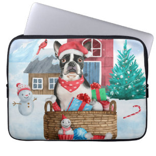 Boston Terrier Dog im Schnee Weihnachtshundehaus Laptopschutzhülle