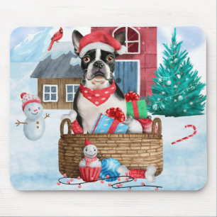 Boston Terrier Dog im Schnee Weihnachtshundehaus Mousepad