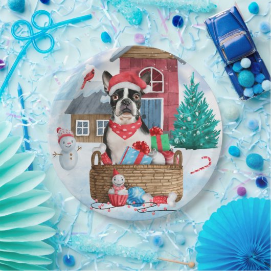 Boston Terrier Dog im Schnee Weihnachtshundehaus Pappteller (Party)