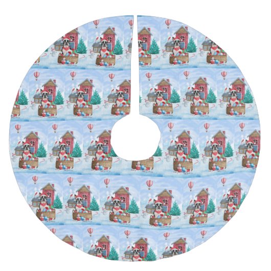 Boston Terrier Dog im Schnee Weihnachtshundehaus Polyester Weihnachtsbaumdecke (Vorderseite)