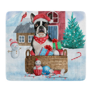 Boston Terrier Dog im Schnee Weihnachtshundehaus Schneidebrett