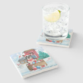 Boston Terrier Dog im Schnee Weihnachtshundehaus Steinuntersetzer (Seitenansicht)