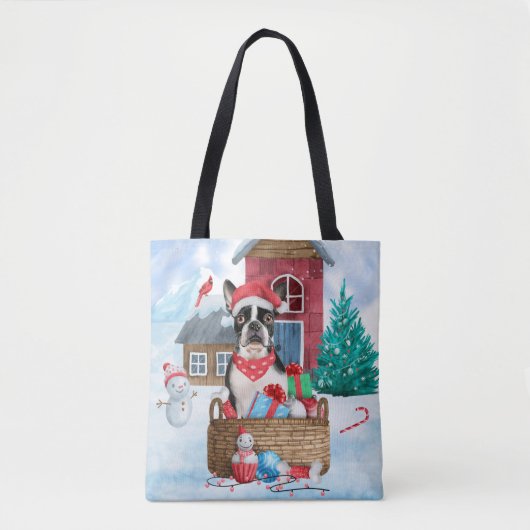 Boston Terrier Dog im Schnee Weihnachtshundehaus Tasche (Vorderseite)
