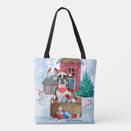 Boston Terrier Dog im Schnee Weihnachtshundehaus Tasche (Rückseite)