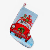Boston Terrier Dog in Auto mit dem Weihnachtsmann Kleiner Weihnachtsstrumpf (Vorderansicht (hängend))