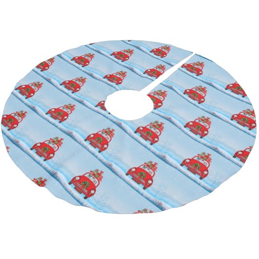 Boston Terrier Dog in Auto mit dem Weihnachtsmann Polyester Weihnachtsbaumdecke (Schrägansicht)