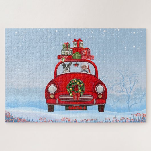 Boston Terrier Dog in Auto mit dem Weihnachtsmann Puzzle (Horizontal)