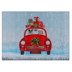Boston Terrier Dog in Auto mit dem Weihnachtsmann Schneidebrett