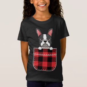 Boston Terrier Dog in Buffalo Kariert Pocket Print T-Shirt