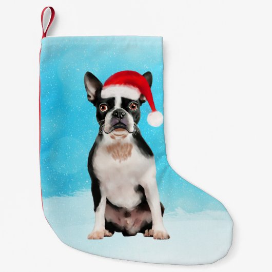 Boston Terrier Dog in der Schnee Weihnachtsweihnac Kleiner Weihnachtsstrumpf (Vorderseite)