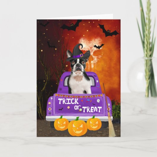 Boston Terrier Dog in Halloween Truck Karte (Vorderseite)