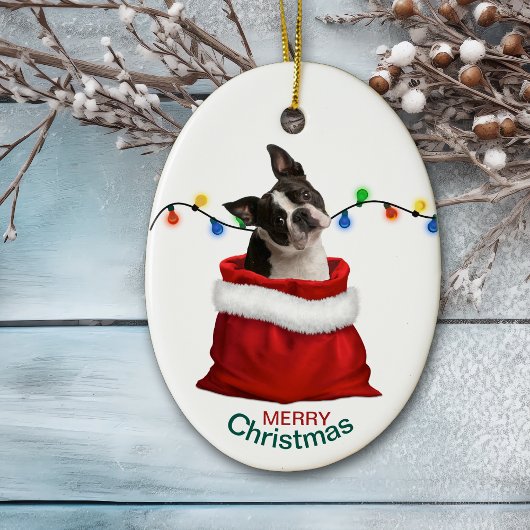 Boston Terrier Dog in Holiday Gift Bag Keramik Ornament