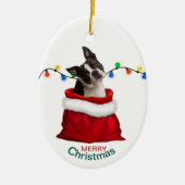 Boston Terrier Dog in Holiday Gift Bag Keramik Ornament (Vorne)