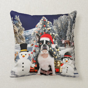 Boston Terrier Dog in Schnee Weihnachtsbeleuchtung Kissen