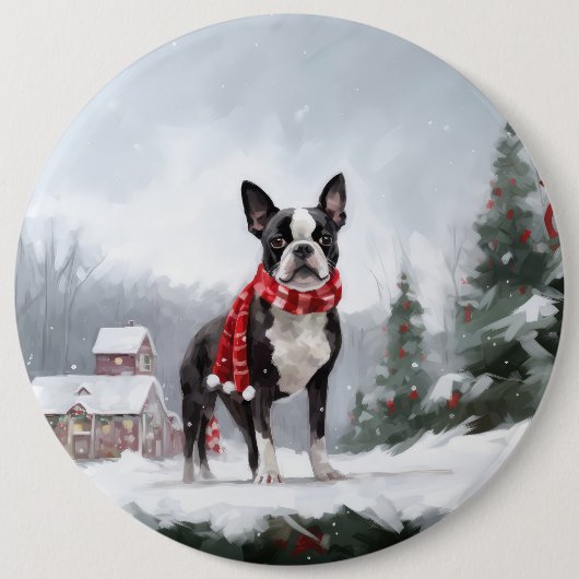 Boston Terrier Dog in Schneeweihen Button (Vorderseite)