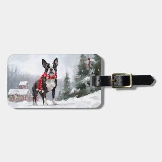 Boston Terrier Dog in Schneeweihen Gepäckanhänger (Vorderseite horizontal)
