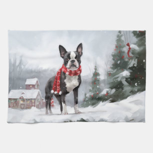 Boston Terrier Dog in Schneeweihen Geschirrtuch