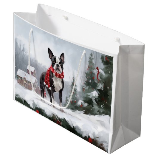 Boston Terrier Dog in Schneeweihen Große Geschenktüte (Vorderseite Schrägansicht)