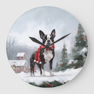 Boston Terrier Dog in Schneeweihen Große Wanduhr