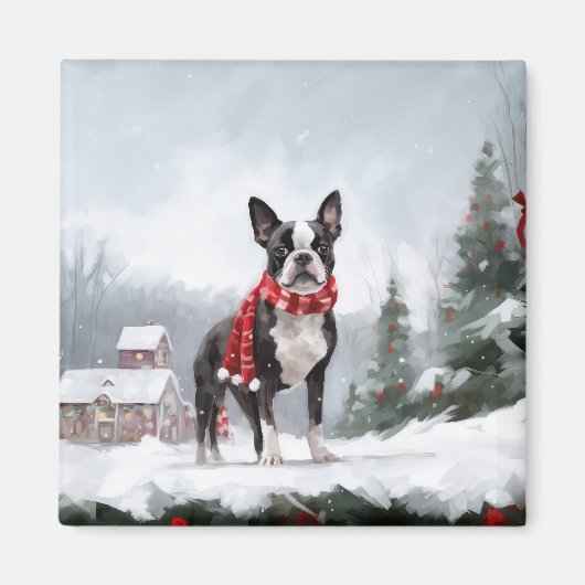 Boston Terrier Dog in Schneeweihen Magnet (Vorne)