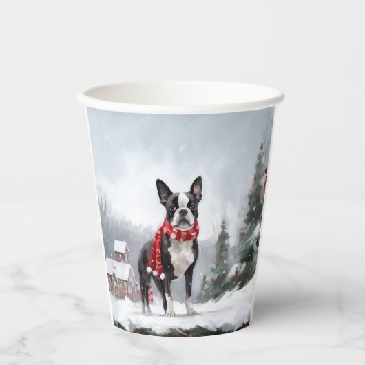 Boston Terrier Dog in Schneeweihen Pappbecher (Vorderseite)