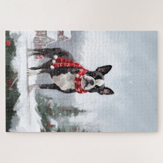 Boston Terrier Dog in Schneeweihen Puzzle (Horizontal)