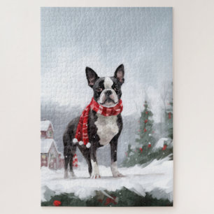 Boston Terrier Dog in Schneeweihen Puzzle