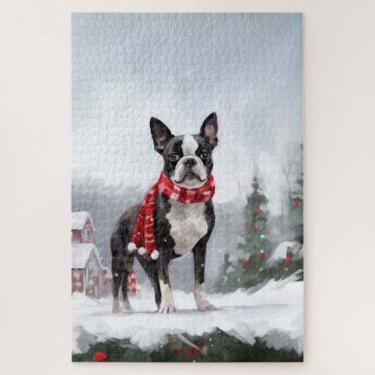 Boston Terrier Dog in Schneeweihen Puzzle (Vertikal)