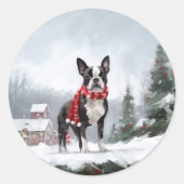 Boston Terrier Dog in Schneeweihen Runder Aufkleber (Vorderseite)