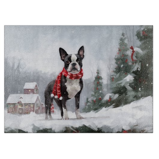 Boston Terrier Dog in Schneeweihen Schneidebrett (Vorderseite)