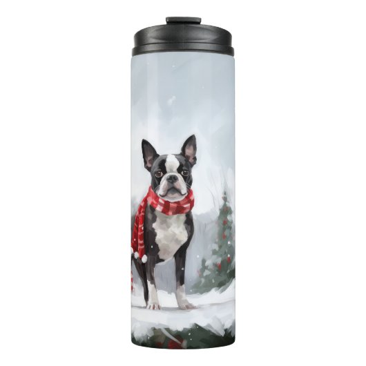 Boston Terrier Dog in Schneeweihen Thermosbecher (Vorderseite)