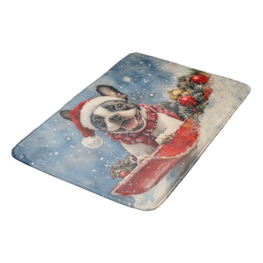 Boston Terrier Dog in Sledge Let it Snow Christmas Badematte (Schrägansicht)