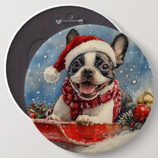 Boston Terrier Dog in Sledge Let it Snow Christmas Button (Vorne & Hinten)