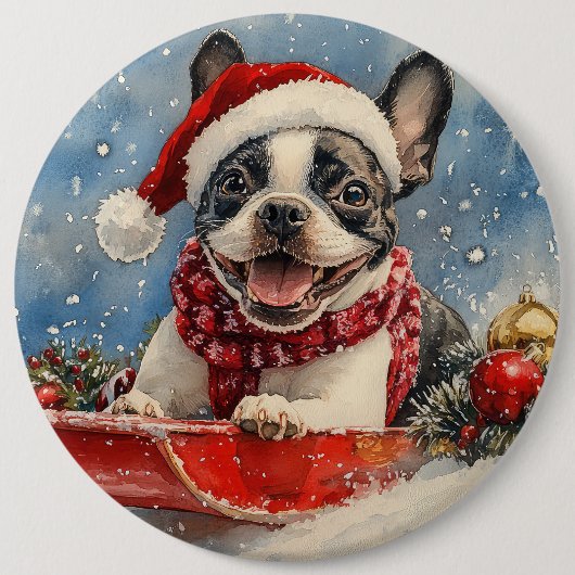 Boston Terrier Dog in Sledge Let it Snow Christmas Button (Vorderseite)
