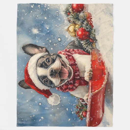 Boston Terrier Dog in Sledge Let it Snow Christmas Fleecedecke (Vorderseite)