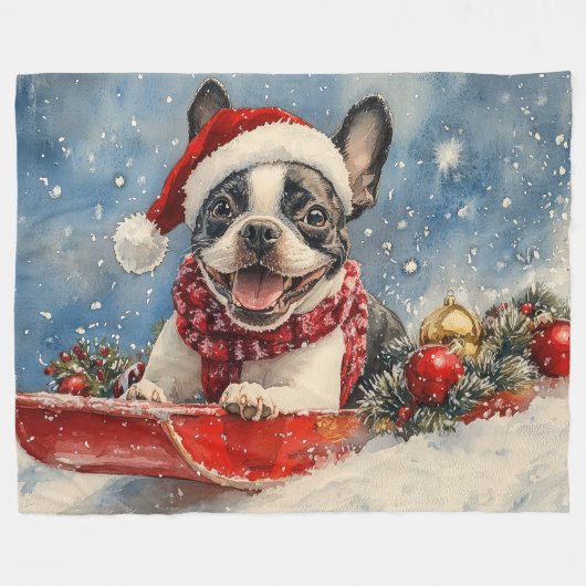 Boston Terrier Dog in Sledge Let it Snow Christmas Fleecedecke (Vorderseite (Horizontal))