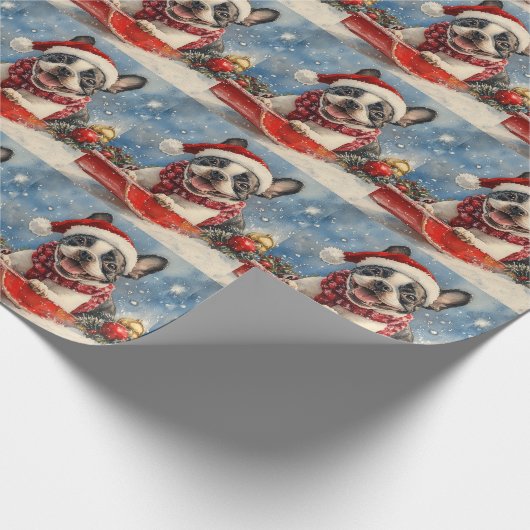 Boston Terrier Dog in Sledge Let it Snow Christmas Geschenkpapier (Ecke)